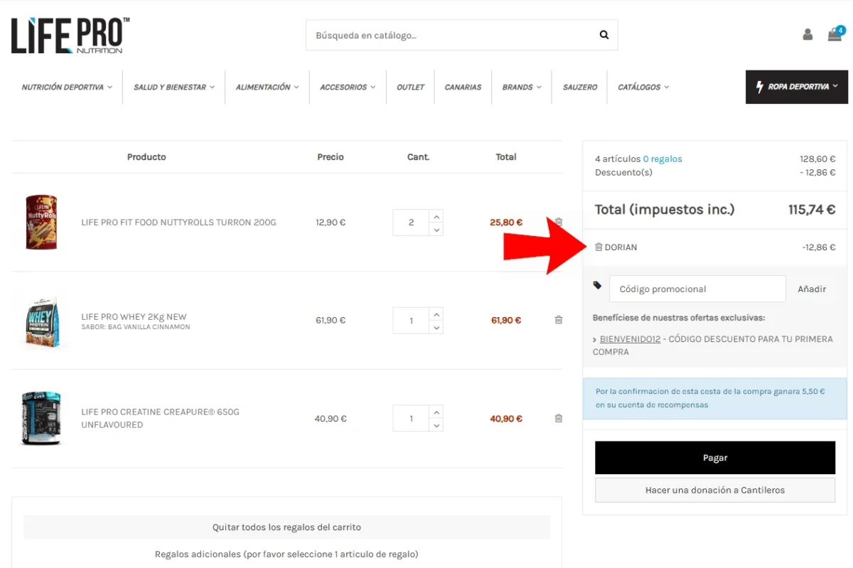 carrito LifePro con código de descuento LifePro DORIAN aplicado 10%