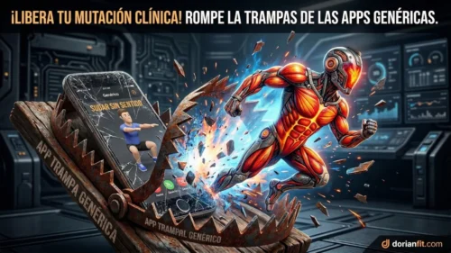 Comparativa visual entre una app genérica de fitness (trampa clínica) y la plataforma biomecánica