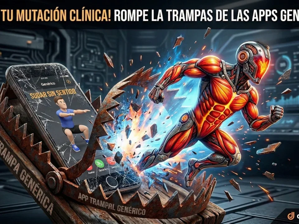 Comparativa visual entre una app genérica de fitness (trampa clínica) y la plataforma biomecánica
