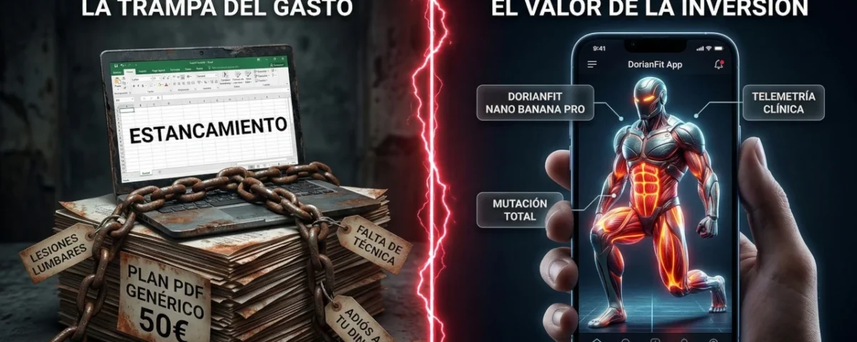 Comparativa visual del coste real de un entrenador personal: el estancamiento de los planes baratos en PDF frente a la inversión en el ecosistema biomecánico premium de la App DorianFit.