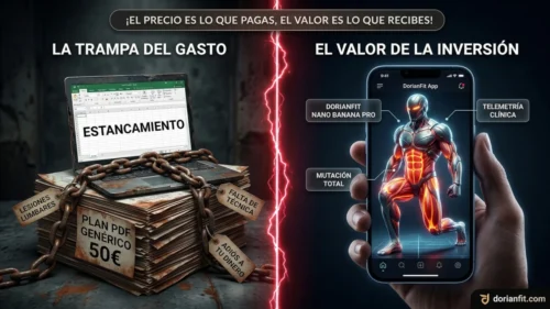 Comparativa visual del coste real de un entrenador personal: el estancamiento de los planes baratos en PDF frente a la inversión en el ecosistema biomecánico premium de la App DorianFit.