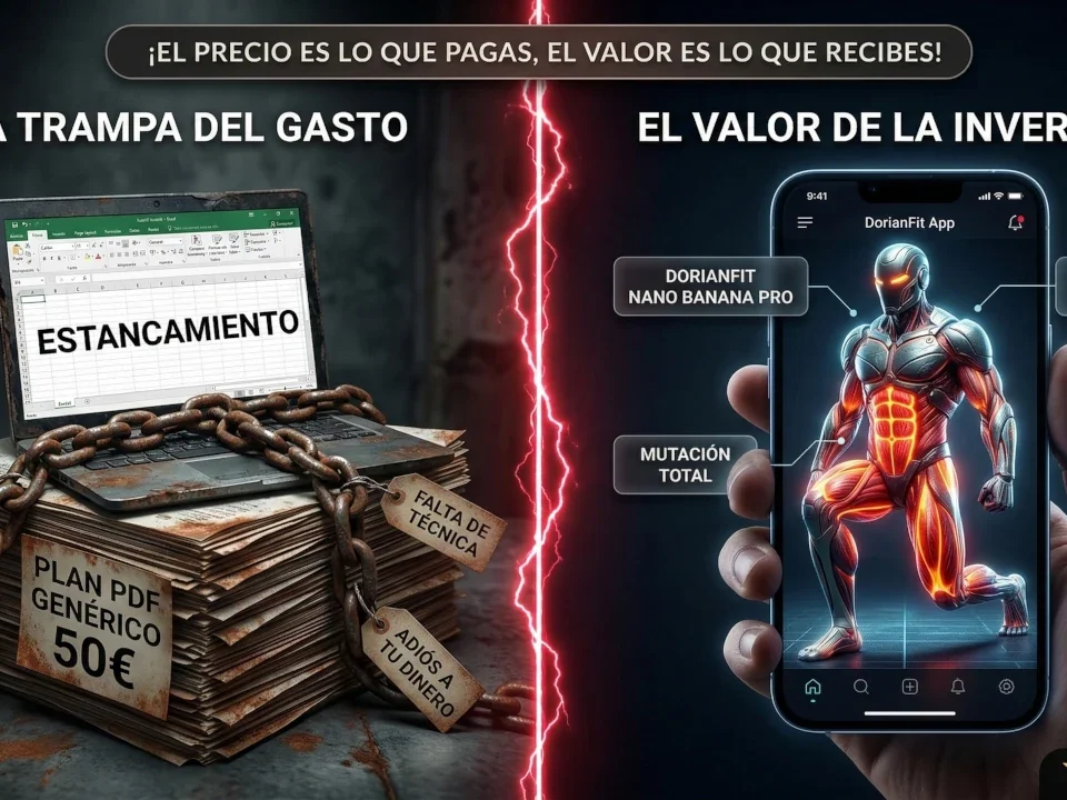 Comparativa visual del coste real de un entrenador personal: el estancamiento de los planes baratos en PDF frente a la inversión en el ecosistema biomecánico premium de la App DorianFit.