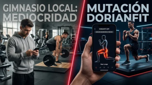 Comparativa entre un entrenador personal de gimnasio local genérico (mediocridad) y la plataforma biomecánica online de DorianFit con análisis muscular preciso