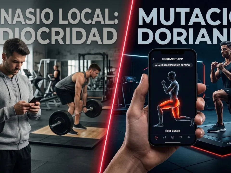 Comparativa entre un entrenador personal de gimnasio local genérico (mediocridad) y la plataforma biomecánica online de DorianFit con análisis muscular preciso
